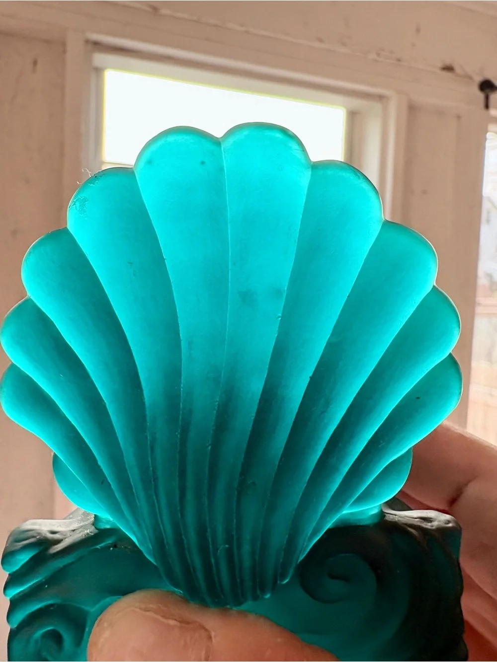 Vintage Anchor Hocking Teal Glass Votive Holders- Scrolled Seashells